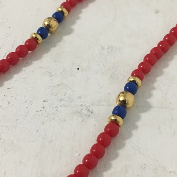 80s Vintage Monet Red Blue Gold Beaded Necklace - Picture 5 of 8